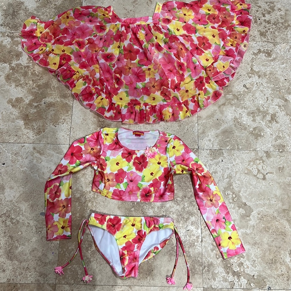 Kate Mack floral girls bathing suit with ruffle cover up poncho cutest size 8